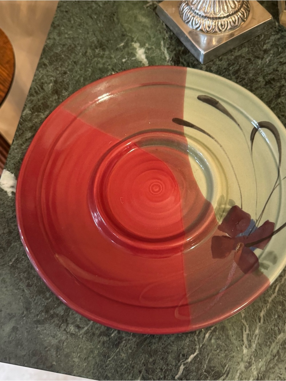 Kent Folette Art Pottery Chip/Dip/Veggie Platter Green/Red Flower Motif
